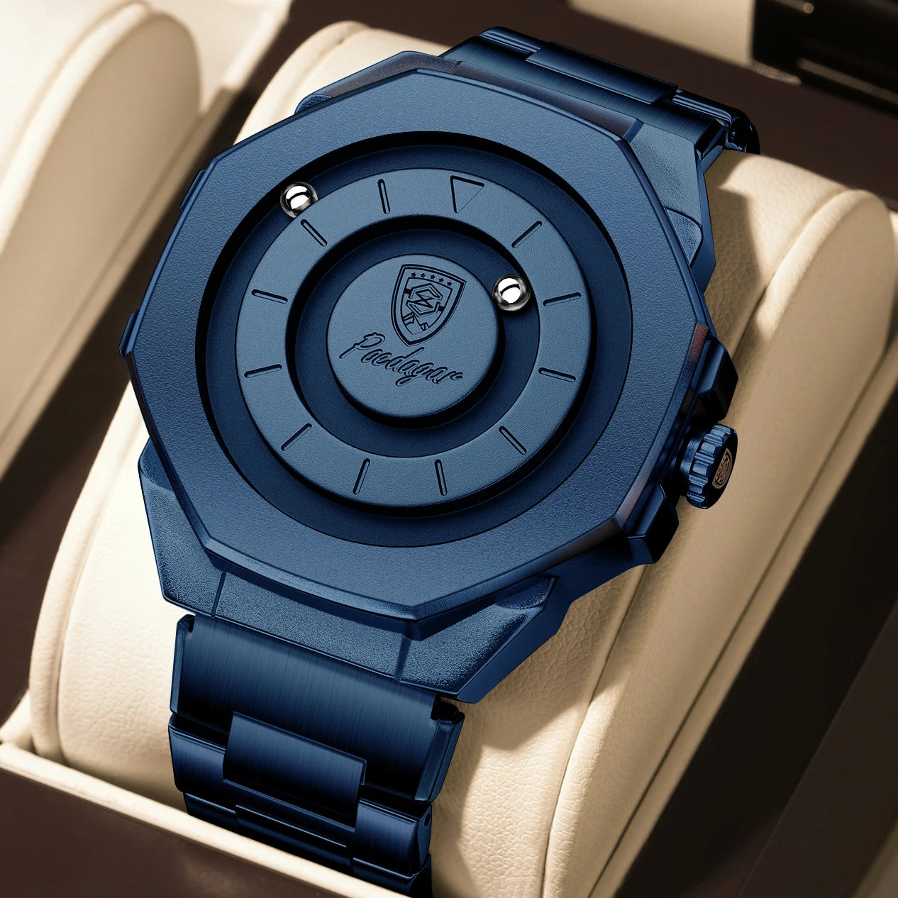 Sculpted Irregular Sport Watch – Large Numberless Dial with Hidden Clasp Bracelet