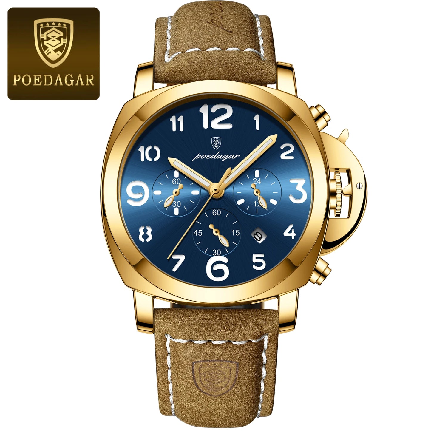Chronograph Leather Watch – Bold Arabic Dial with Date & Luminous Hands