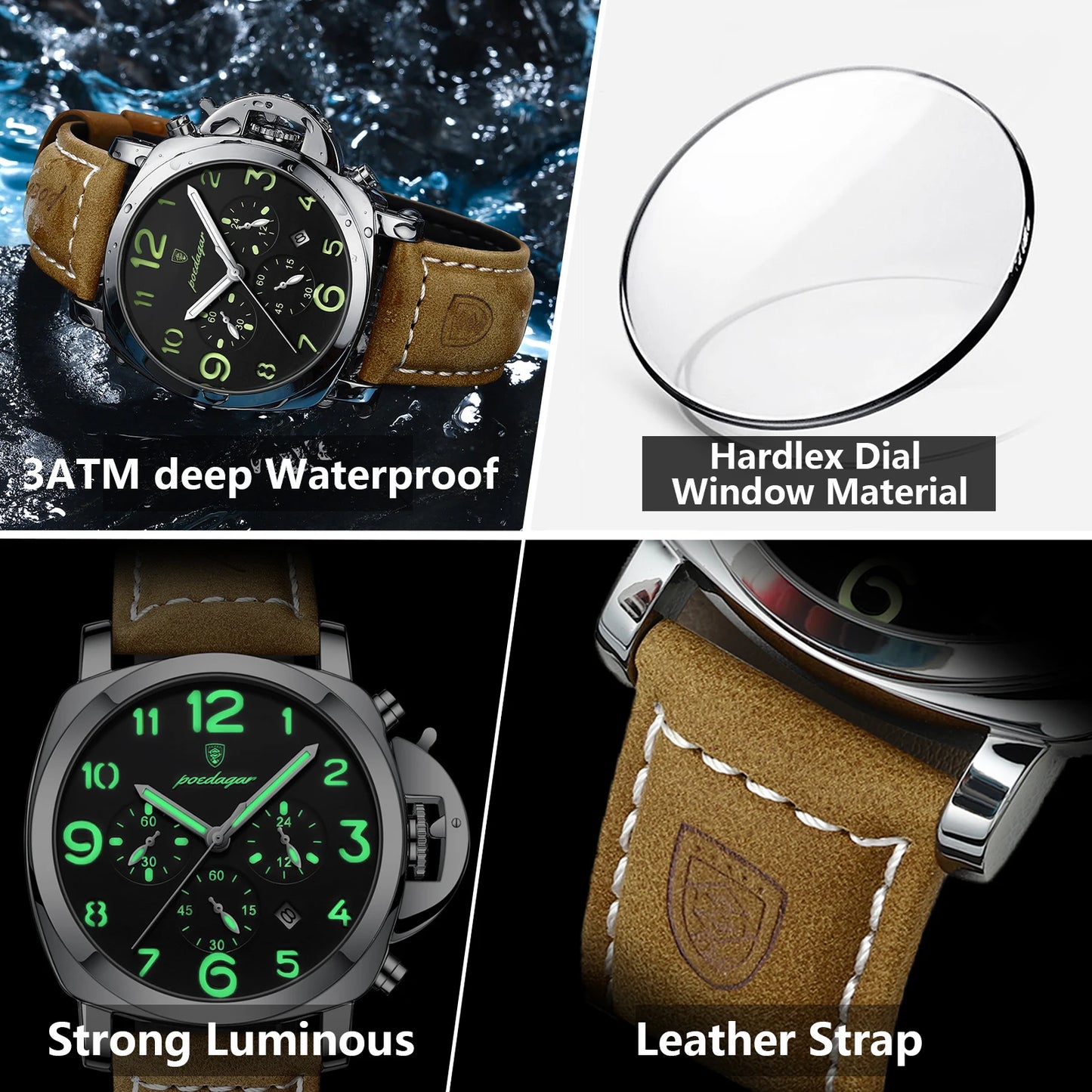 Military Style Chronograph Watch – Luminous Leather Strap with Date