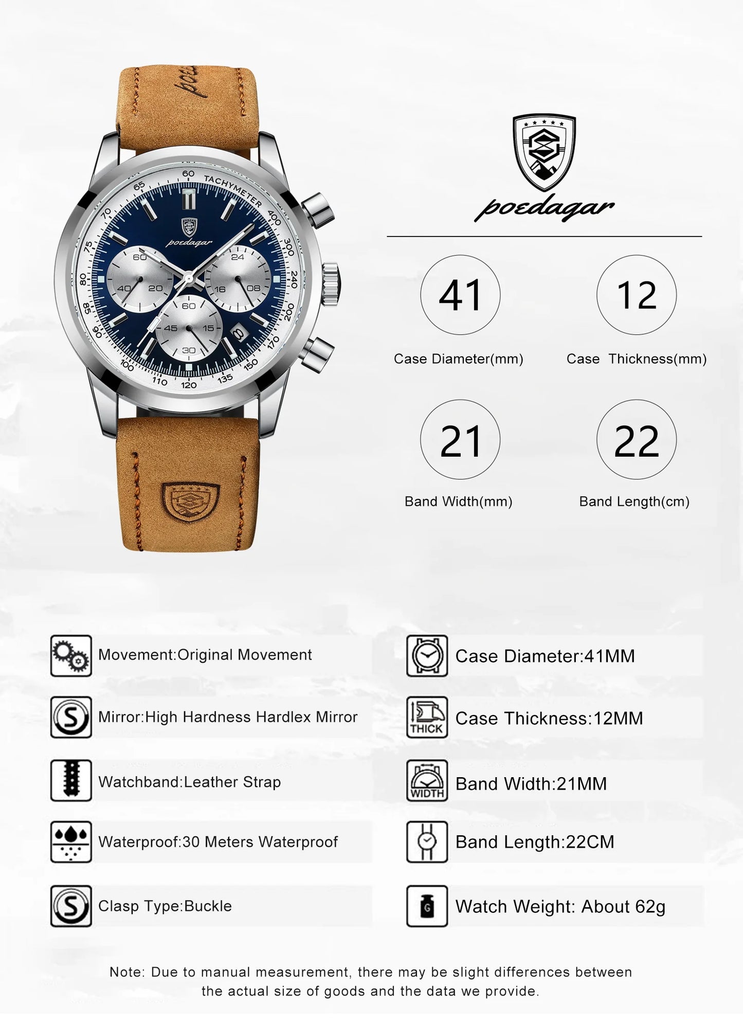 Chronograph Leather Watch – Luminous Numberless Dial with Date