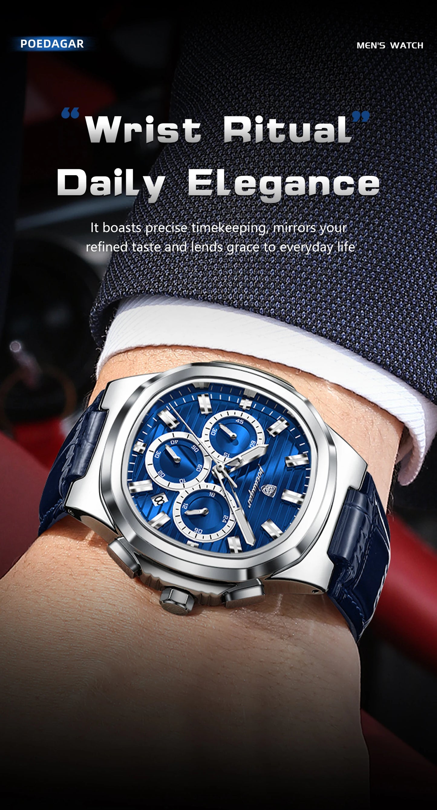 Square Chronograph Watch – Luxe Leather Strap with Luminous Dial & Date