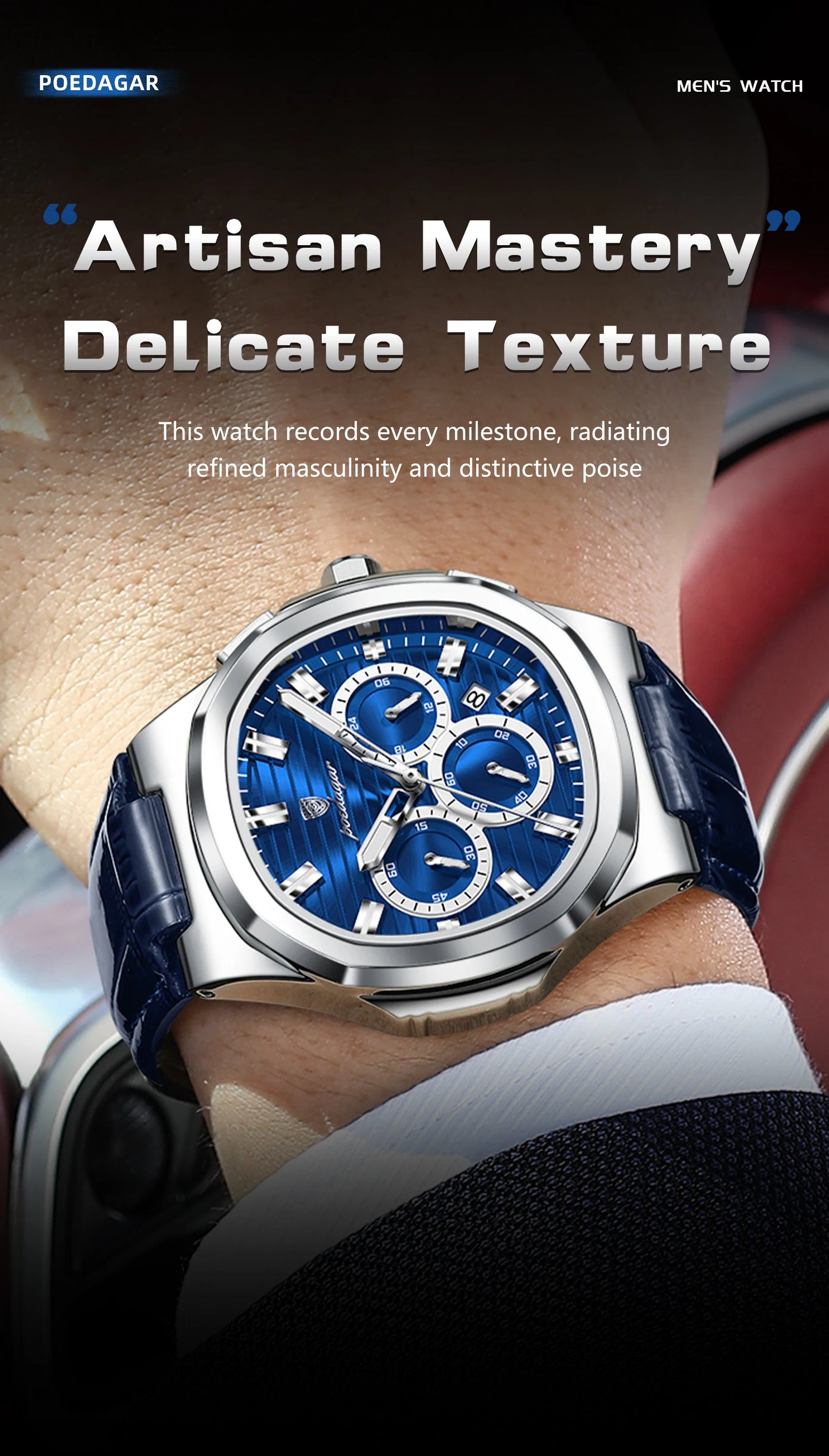 Square Chronograph Watch – Luxe Leather Strap with Luminous Dial & Date