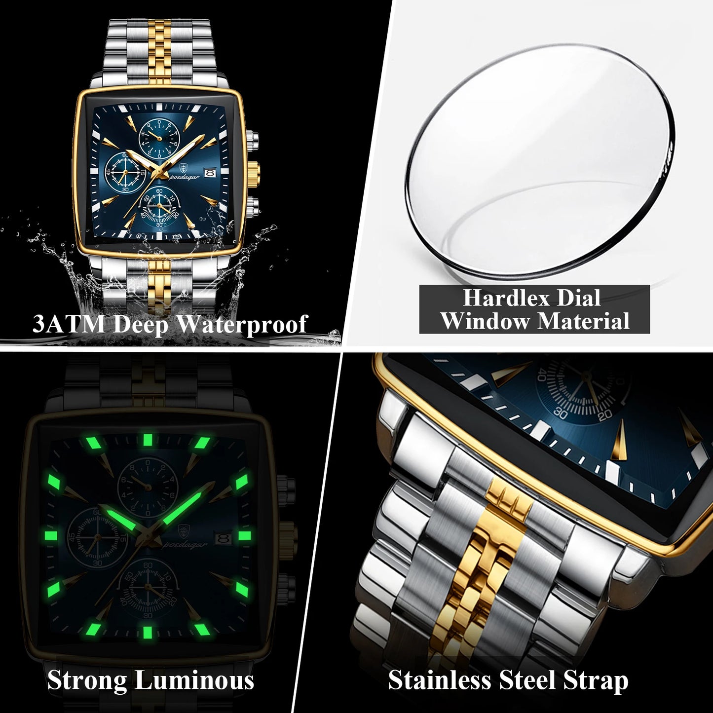 Square Chronograph Watch – Bold Numberless Dial with Hidden Clasp Bracelet