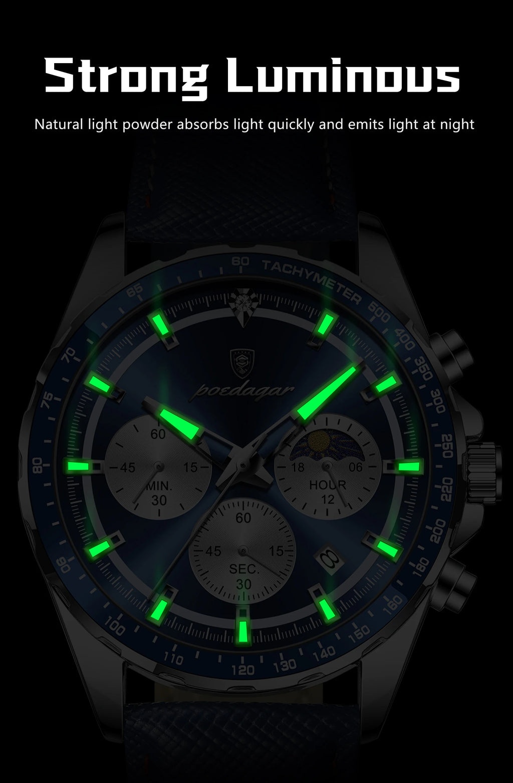 Premium Leather Chronograph Watch – Luminous Dial, Date Display, Quartz Movement
