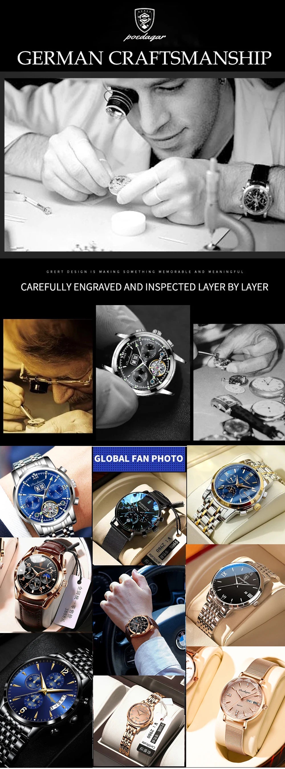 Large Full Calendar Watch – Luminous Numberless Dial with Hidden Clasp Bracelet