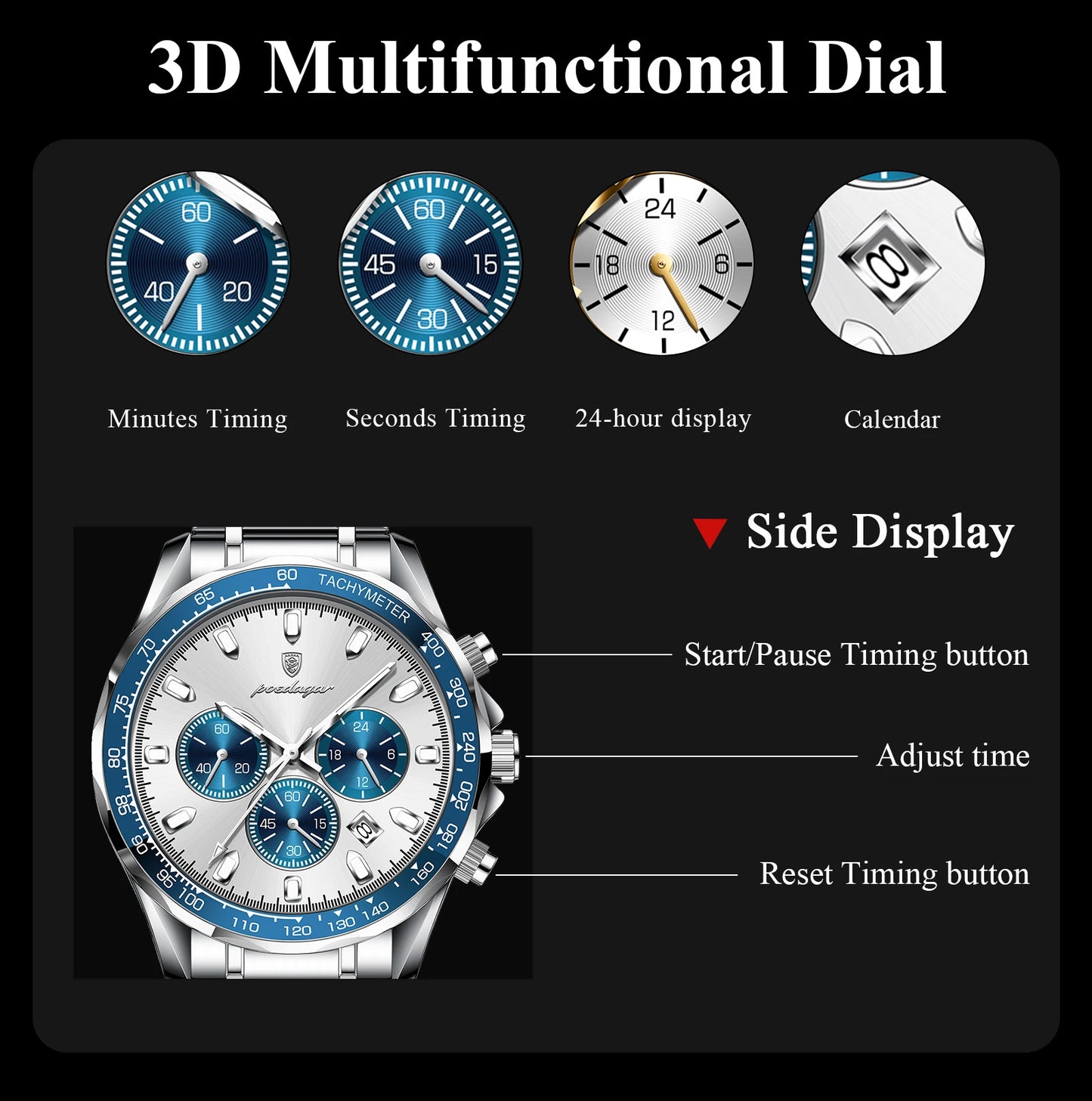 Chronograph Date Watch – Luminous Dial with Hidden Clasp Bracelet