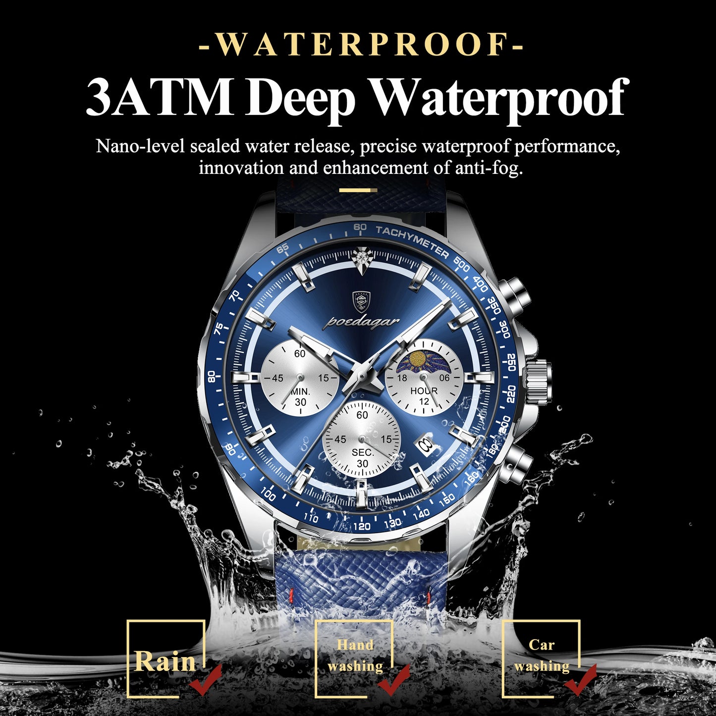 Premium Leather Chronograph Watch – Luminous Dial, Date Display, Quartz Movement