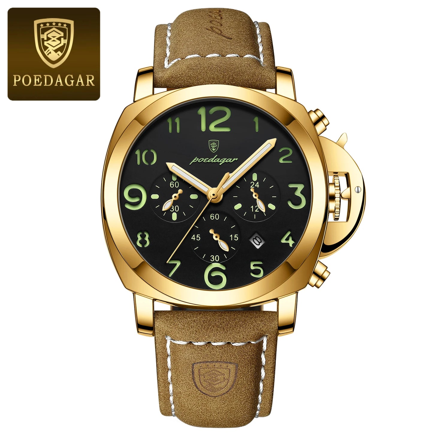 Chronograph Leather Watch – Bold Arabic Dial with Date & Luminous Hands