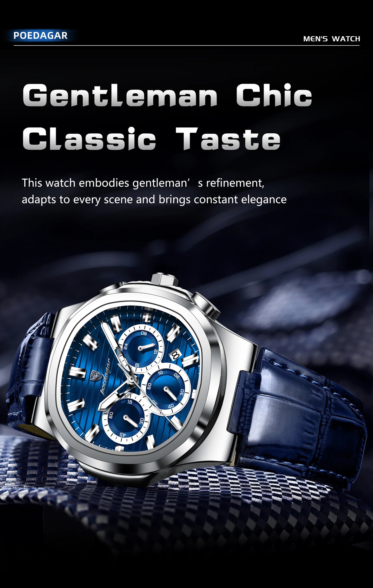 Square Chronograph Watch – Luxe Leather Strap with Luminous Dial & Date