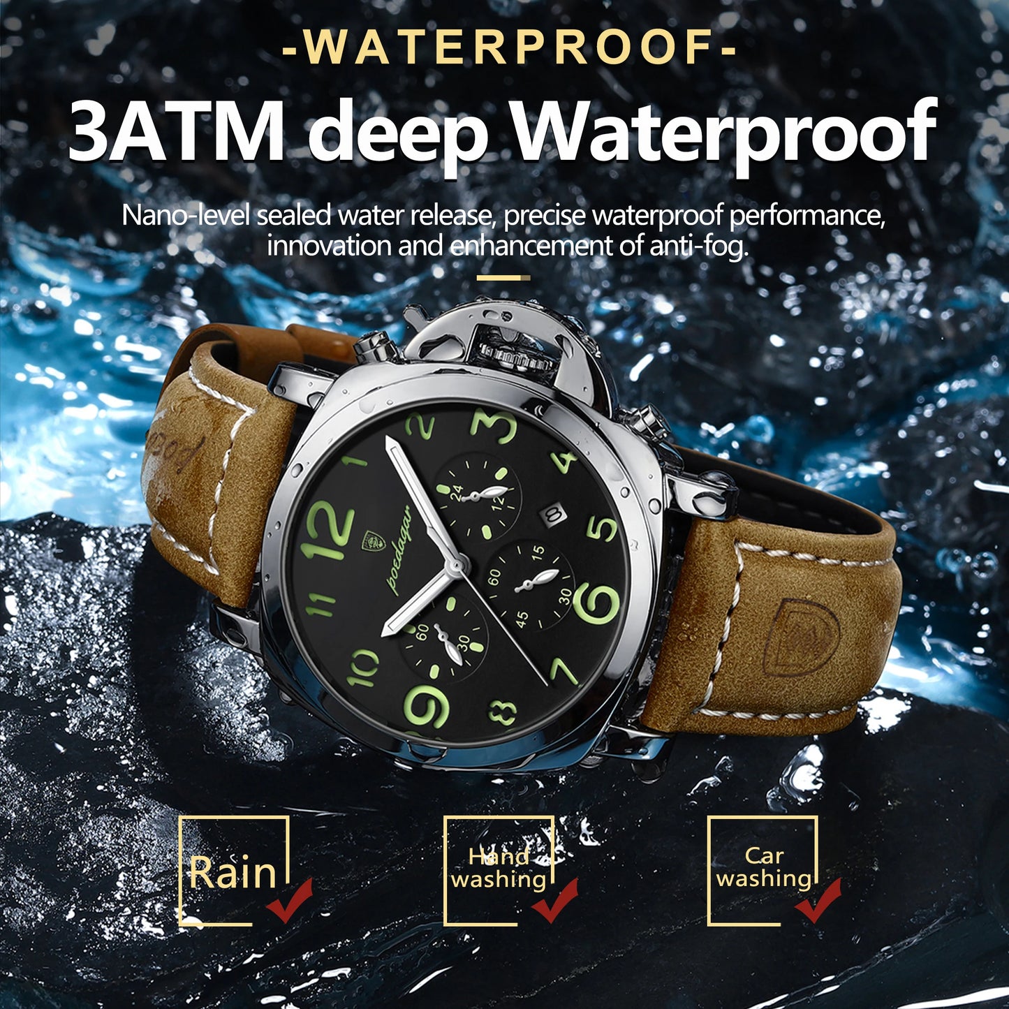 Military Style Chronograph Watch – Luminous Leather Strap with Date