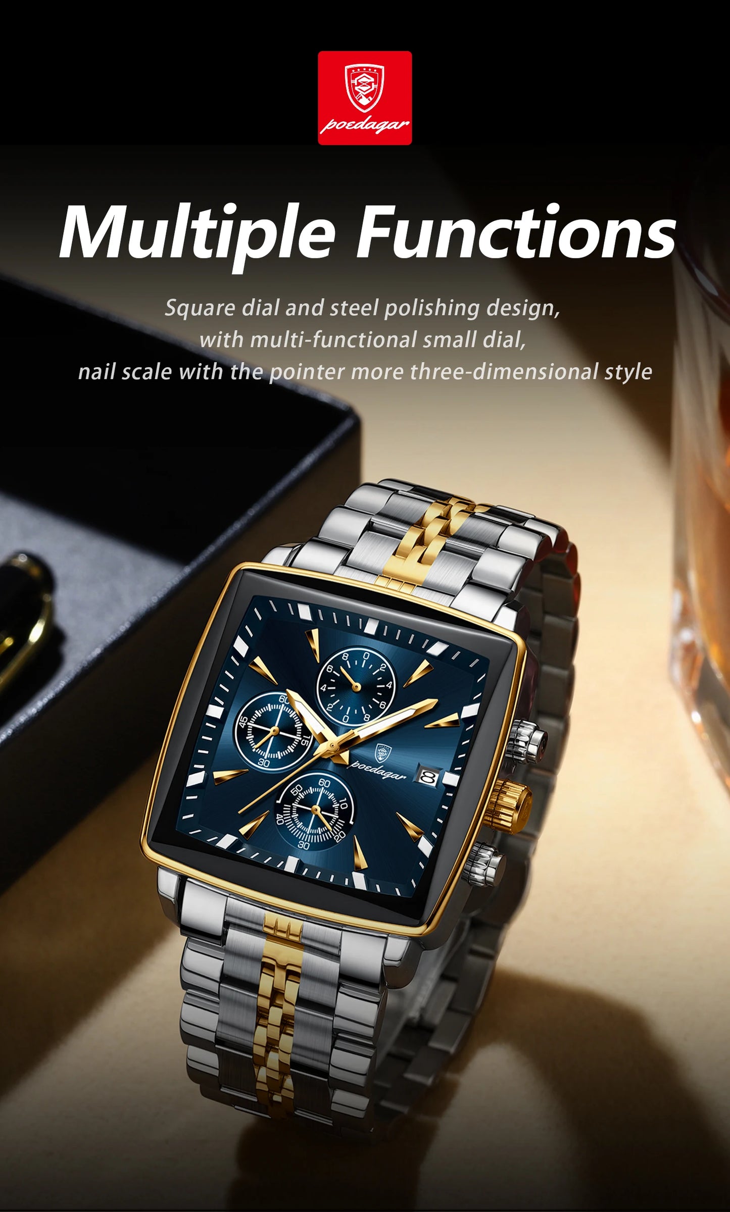 Square Chronograph Watch – Bold Numberless Dial with Hidden Clasp Bracelet