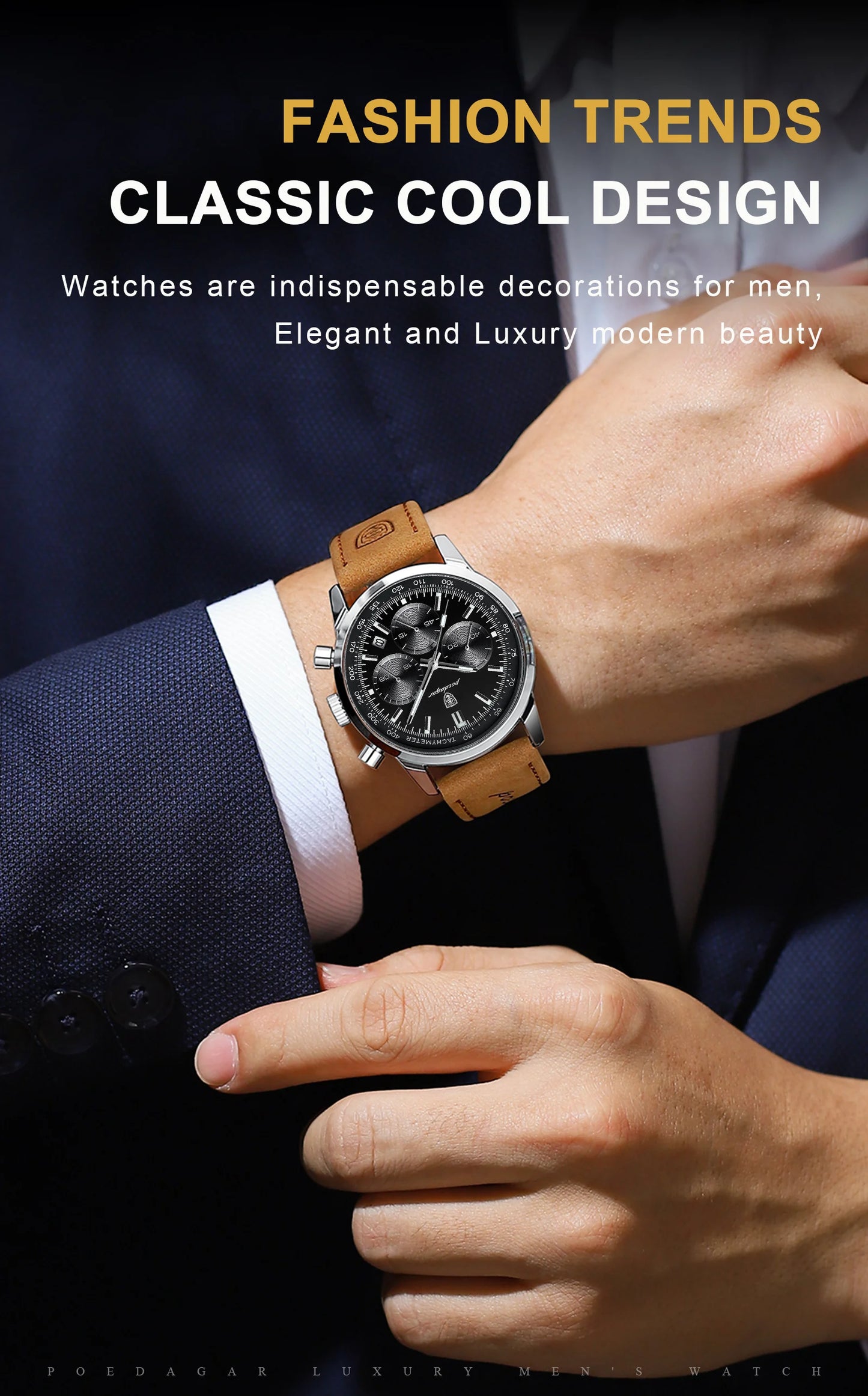 Chronograph Leather Watch – Luminous Numberless Dial with Date