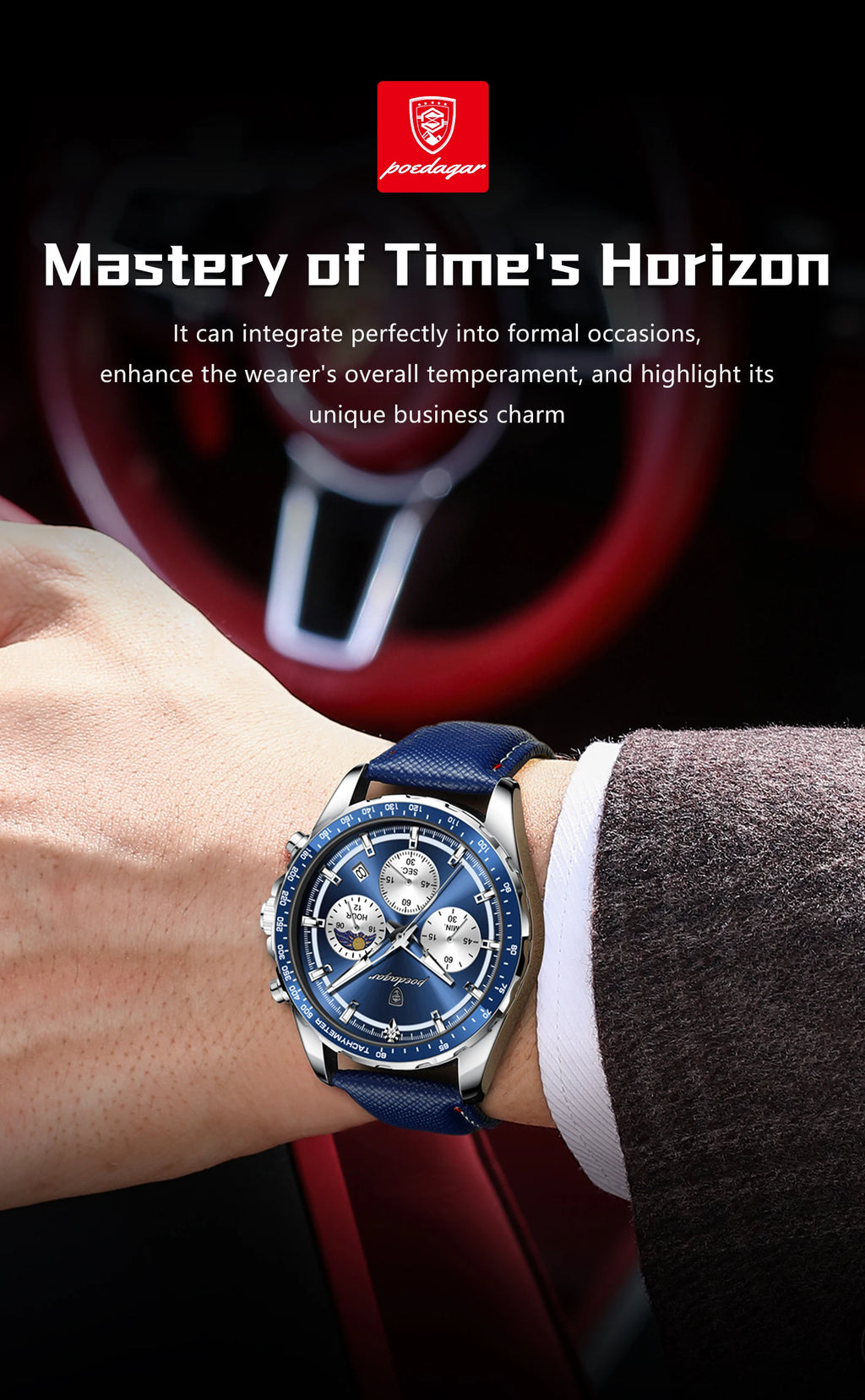Premium Leather Chronograph Watch – Luminous Dial, Date Display, Quartz Movement
